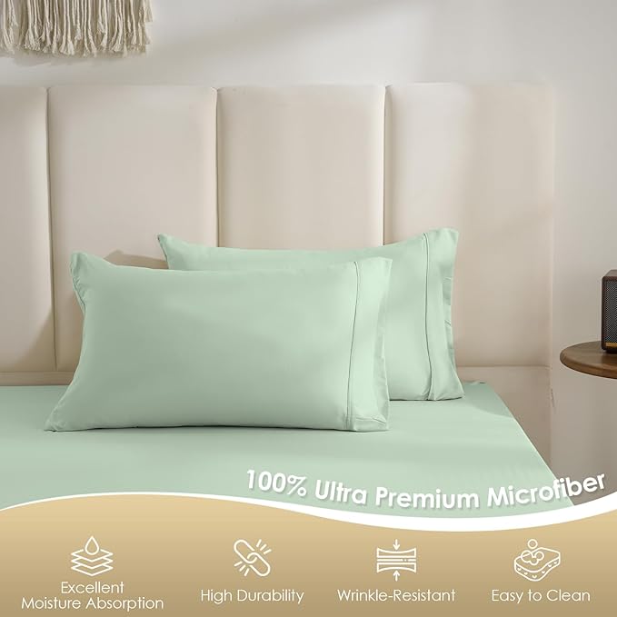 Silky Soft Queen Size Sheet Set - Luxury 4 Piece Breathable Cooling Sheets for Queen Size Bed, 16" Deep Pocket Easy Care Wrinkle Free Bedding Sheet and Pillowcase Set, Sage Green