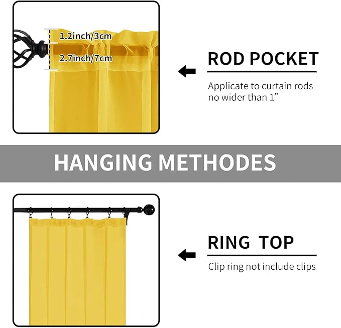 Sheer Curtains 63 Inches Long 2 Panels, Rod Pocket Short Curtain for Kitchen, Bedroom, Cafe Window(Yellow 38" W x 63" L)