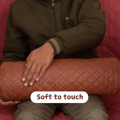 Neck Roll Pillow Cushion Cover, 18x5 Inch Full Moon Round Bolster Pillow Case, Cylinder Soft Lambskin Leather Pillowcase for Head, Spine & Neck Support During Sleep - Quilted Brown Pack of 2