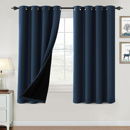 H.VERSAILTEX 100% Blackout Curtains for Bedroom Thermal Insulated Blackout Curtains 63 inch Length Full Light Blocking Curtains for Living Room with Black Liner 2 Panels Set, Navy