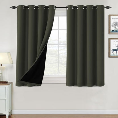H.VERSAILTEX 100% Blackout Curtains for Bedroom Thermal Insulated Blackout Curtains 45 inch Length Full Light Blocking Window Drapes for Living Room with Black Liner 2 Panels, Olive