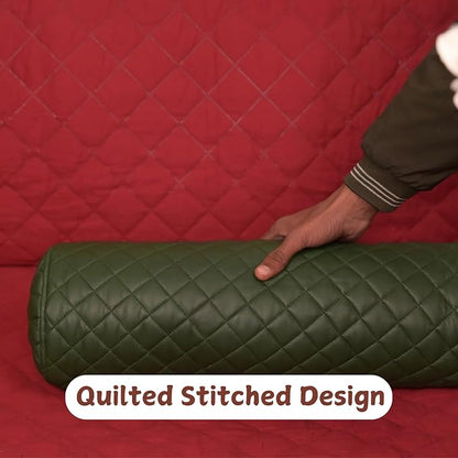 Neck Roll Pillow Cushion Cover, 22x7 Inch Full Moon Round Bolster Pillow Case, Cylinder Soft Lambskin Leather Pillowcase for Head, Spine & Neck Support During Sleep - Quilted Dark Green Pack of 1