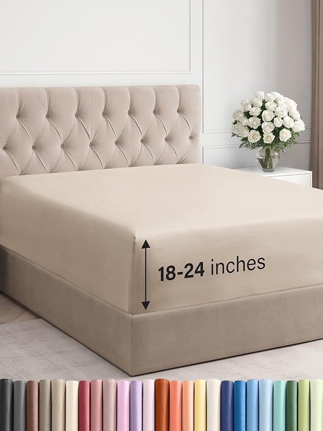 Extra Deep Cal King Fitted Sheet - Hotel Luxury Single Fitted Sheet Only - Easily Fits 18 inch to 24 inch Mattress - Ultra Soft, Wrinkle & Fade Free w/Extra Deep Pockets - Breathable & Comfy - Wheat