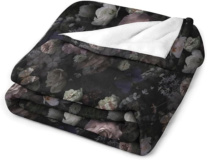 Vintage Gothic Floral Blanket, Black Pink Flower Rose Black Garden Roses Blooming Boho Throw Blankets for Home Bedding Couch Decor, 30"x40"