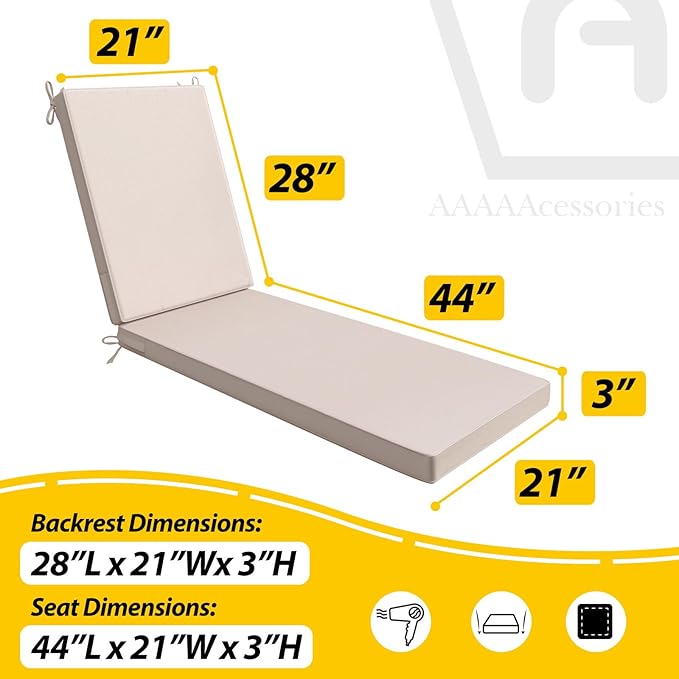 AAAAAcessories Outdoor Chaise Lounge Cushions, Waterproof, Fade-Resistant Patio Furniture Replacement Cushions, 72" x 21" x 3", Set of 2, Khaki Beige
