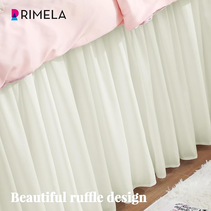 RIMELA Dorm Bed Skirt Twin XL 46 Inch Drop, Easy to Install Extra Long Wrap Around Elastic Dust Ruffle, Cream Bedskirt Solid Silky Fabric (Twin XL 80“L x 39”W & Twin 75“L x 39”W)