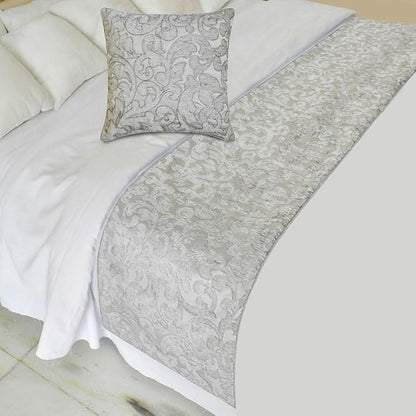 The HomeCentric King/Queen/Twin Silver Decorative Twin 53"x18" Bed Runner with One Pillow Cover, Abstract, Floral, Bead Hand Embroidery Bed Scarf on Jacquard Fabric - Ethereal Silver