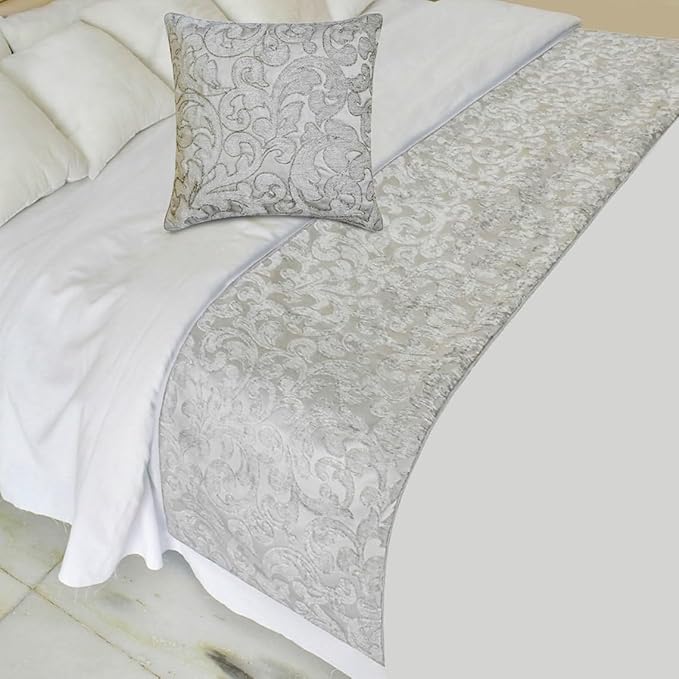 The HomeCentric King/Queen/Twin Silver Decorative King 90"x18" Bed Runner with One Pillow Cover, Abstract, Floral, Bead Hand Embroidery Bed Scarf on Jacquard Fabric - Ethereal Silver