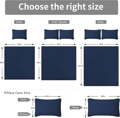 Easy-Going King Size Reversible Quilt Set with 1 Quilt and 2 Pillow Shams, Soft Bed Quilt Cover, Water Resistant Lightweight Microfiber Bedspread, Stain Resistant, Olive Leaf-Dark Blue/Light Blue