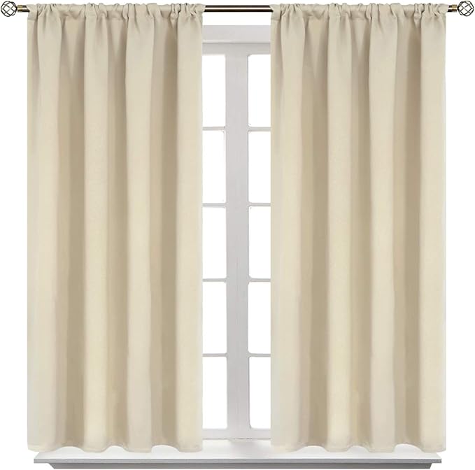 BGment Rod Pocket Room Darkening Curtains 48 Inches Length - Thermal Insulated Beige Blackout Window Drapes for Bedroom, 42 x 48 Inch, 2 Panels