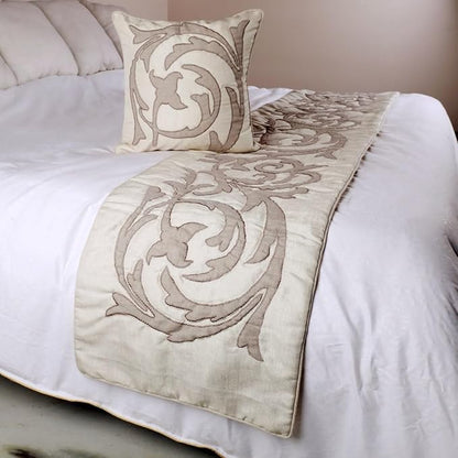 The HomeCentric Handmade Ivory & Beige King 90 x 18 inch Bed Runner with Matching Pillow Cover, Linen Lurex Applique Bed Scarf, Abstract Modern - Pretty Dainty
