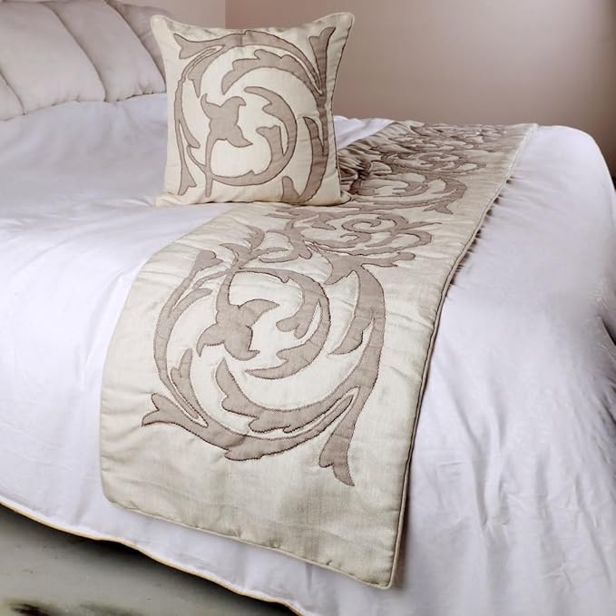 The HomeCentric Luxury Ivory & Beige Twin 53 x 18 inch Bed Runner with 2 Pillow Cover, Linen Lurex Applique Bed Scarf, Abstract Modern - Pretty Dainty