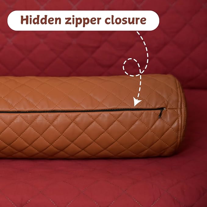 Neck Roll Pillow Cushion Cover, 18x5 Inch Full Moon Round Bolster Pillow Case, Cylinder Soft Lambskin Leather Pillowcase for Head, Spine & Neck Support During Sleep - Quilted Tan Pack of 2