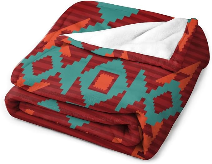 Aztec Throw Blanket, Red Native Southwestern Boho Blanket for Couch Bed Chair Outdoor Travel 50"x60"