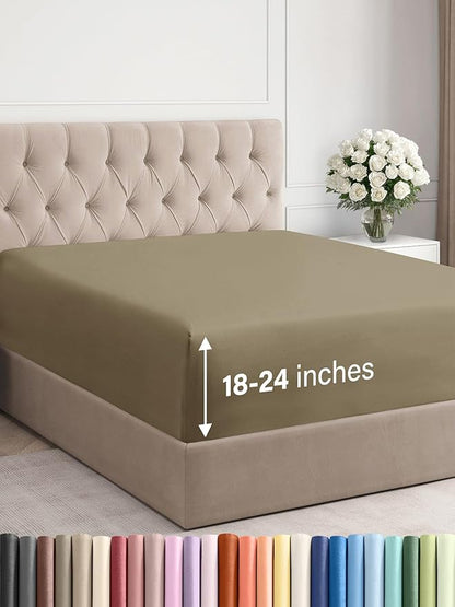 Extra Deep King Fitted Sheet - Hotel Luxury Single Fitted Sheet Only - Easily Fits 18 inch to 24 inch Mattress - Ultra Soft, Wrinkle Free w/Extra Deep Pockets - Easy-Care, Breathable & Comfy - Khaki