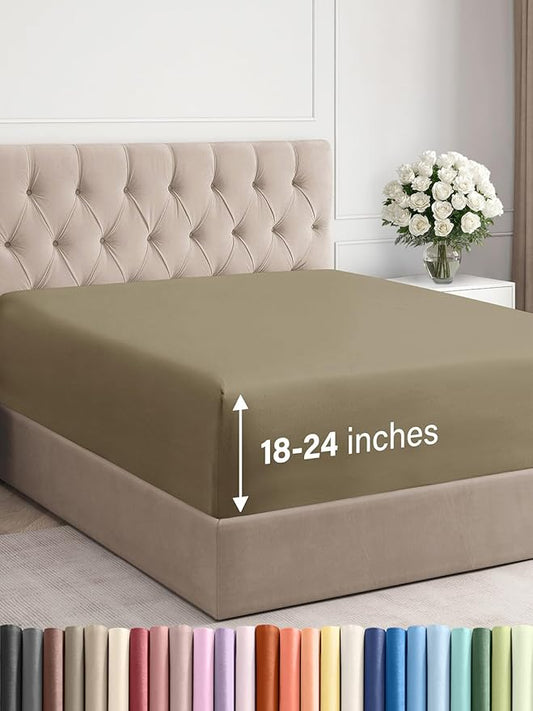 Extra Deep King Fitted Sheet - Hotel Luxury Single Fitted Sheet Only - Easily Fits 18 inch to 24 inch Mattress - Ultra Soft, Wrinkle Free w/Extra Deep Pockets - Easy-Care, Breathable & Comfy - Khaki