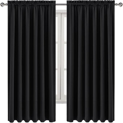 DWCN Blackout Curtains for Living Room Thermal Insulated, Energy Saving & Noise Reducing Bedroom Curtains, Black, W 70x L 63 Inch, Set of 2 Rod Pocket Curtain Panels