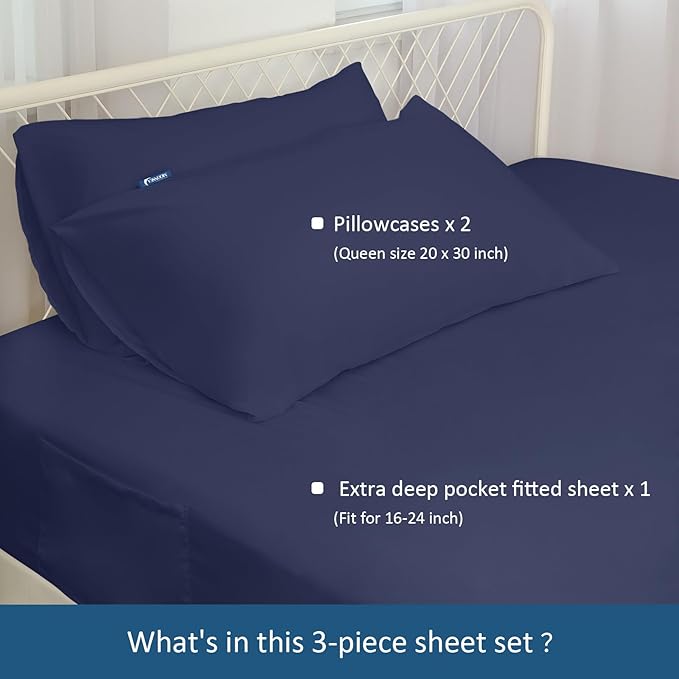 Moonsea Queen Sheet Set for Air Mattress - Sheets Queen Size Bed Set - 3Pcs Side Storage Pocket Fitted Sheet & Pillowcases Easily Fits 16in to 24in Pillow Top Air Bed Mattress - Navy Blue