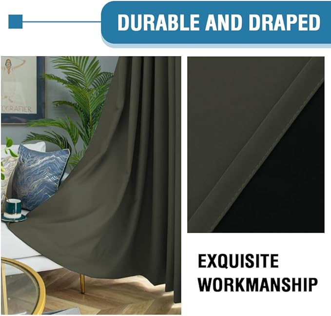 H.VERSAILTEX 100% Blackout Curtains for Bedroom Thermal Insulated Blackout Curtains Heat and Full Light Blocking Curtains for Living Room with Black Liner 2 Panels Set, 42 x 63 Inch, Olive