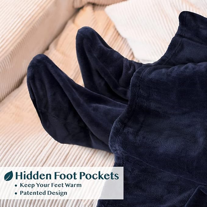 PAVILIA Fleece Blanket with Sleeves, Foot Pockets for Women Men Adults, Plush Wearable Blanket Throw Wrap, Warm Snuggle Blanket Robe, Cozy Gift Ideas Wife Mom, Navy Blue