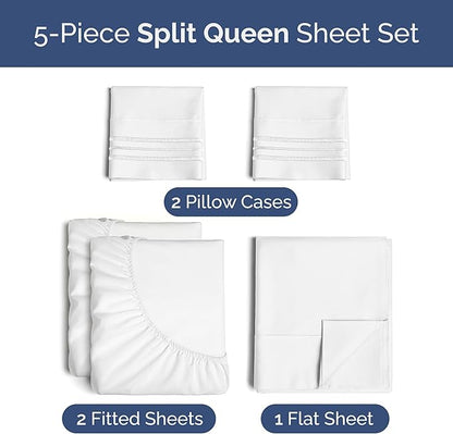 Split Queen Sheets - Easy-Fit, Wrinkle-Resistant, Designed for Split Queen Mattress – Split Queen Sheets Sets Fits 14" to 16" Deep Pockets – Premium Extra Soft, Queen Split Fitted Sheet Set – White