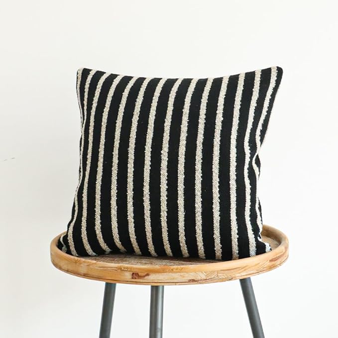 Jonhier Black Striped Boho Throw Pillow Cover, Modern Boucle Textured Square Pillowcase for Sofa Couch Bed, Neutral Farmhouse Accent Decorative Cushion Cover for Living Room Bedroom, 18 x 18 inch