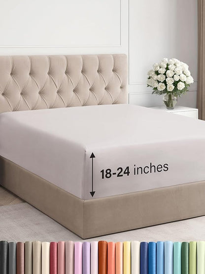 Extra Deep Full Fitted Sheet - Hotel Luxury Single Fitted Sheet Only - Easily Fits 18 inch to 24 inch Mattress - Ultra Soft, Wrinkle & Fade Free w/Extra Deep Pockets - Breathable & Comfy - Light Grey