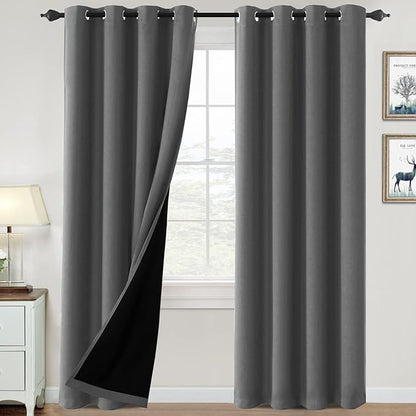 H.VERSAILTEX 100% Blackout Curtains for Bedroom Thermal Insulated Blackout Curtains 84 inch Length Heat and Full Light Blocking Curtains for Living Room with Black Liner 2 Panels Set, Grey