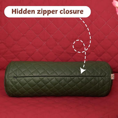 Neck Roll Pillow Cushion Cover, 24x7 Inch Full Moon Round Bolster Pillow Case, Cylinder Soft Lambskin Leather Pillowcase for Head, Spine & Neck Support During Sleep - Quilted Dark Green Pack of 2