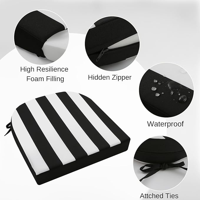 idee-home Outdoor Chair Cushions Set of 4, Thick 19" x 19" x 3" Outdoor Seat Cushion Waterproof for Patio Furniture with Ties, Patio Chair Pads Dining Black Stripes