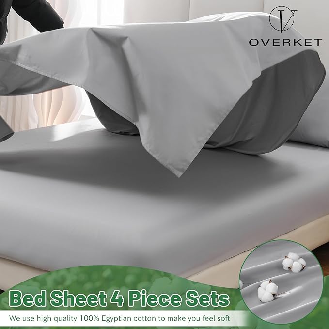 1000 Thread Count Egyptian Cotton Sheets Queen Size Set 4PCS Sateen Weave Soft Breathable 16-Inch Deep Pocket（Queen,Grey）