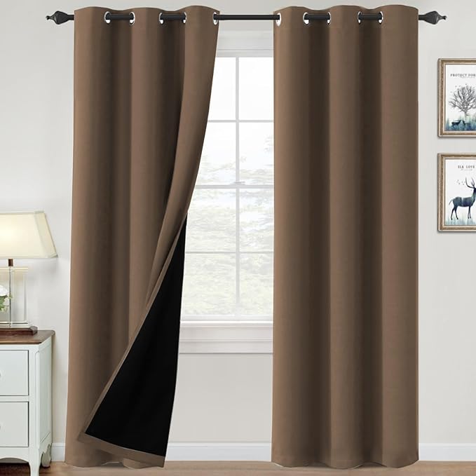 H.VERSAILTEX 100% Blackout Curtains for Bedroom Thermal Insulated Blackout Curtains Heat and Full Light Blocking Curtains for Living Room with Black Liner 2 Panels Set, 42 x 84 Inch, Macchiato