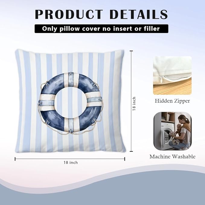 Blue Coastal Nautical Pillow Covers 18x18 Set of 2, Watercolor Lifebuoy Captain Hat Preppy Blue Striped Throw Pillow Covers for Boys Bedroom Beach House Home, Preppy Beach Room Decor