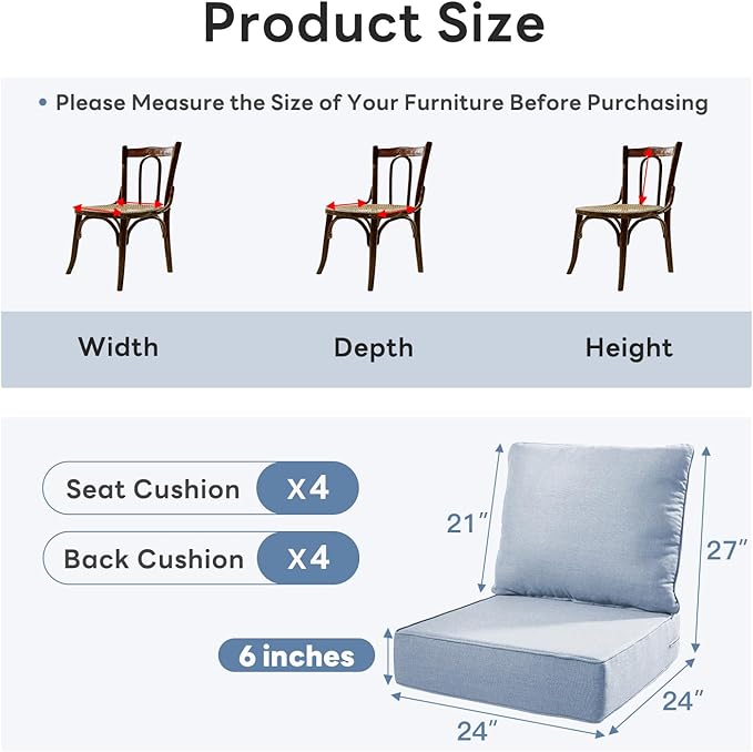 6" Thicker Outdoor Chair Cushion 4 Sets - 24" *24" *6" Waterproof Patio Furniture Cushions with Removable Cover, 28D High Density Sponge Filling Thicken Outdoor Patio Cushions - Baby Blue