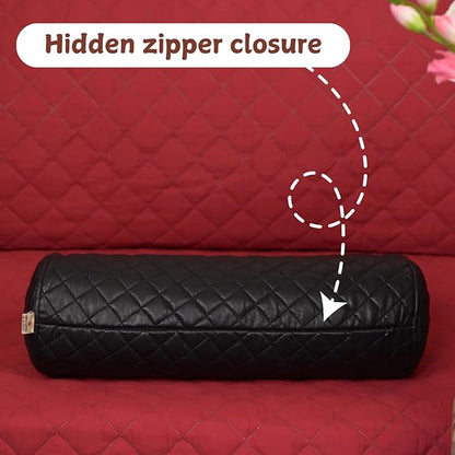Neck Roll Pillow Cushion Cover, 18x7 Inch Full Moon Round Bolster Pillow Case, Cylinder Soft Lambskin Leather Pillowcase for Head, Spine & Neck Support During Sleep - Quilted Black Pack of 1