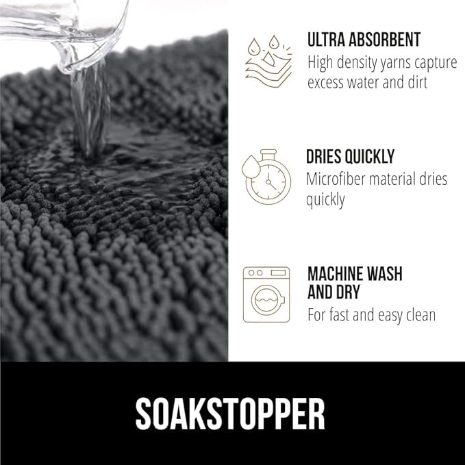 GORILLA GRIP SOAKSTOPPER Dog Door Mat, 70x24 Machine Washable Rug Absorbent Doormat Captures Moisture Mud Dirt, Quick Dry Soft Chenille Entryway Rugs Indoor Entrance Mats for Dog Paws, Charcoal