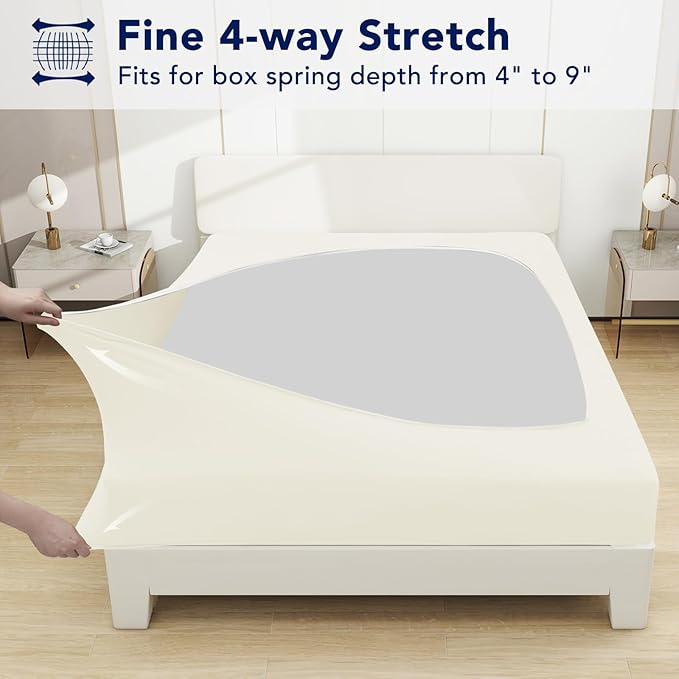 PureFit Stretchy Box Spring Cover Queen - Elastic Fitted Box Spring Wrap Around 4 Sides, Wrinkle & Fading Resistant Fits Queen Size Beds, Ivory