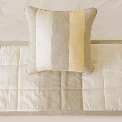 The HomeCentric King/Queen/Twin Beige Decorative Queen 74"x18" Bed Runner with 2 Pillow Cover, Color Block, Patchwork, Quilted, Silk, Linen & Striped Bed Scarf on Linen & Silk Fabric - Alikka