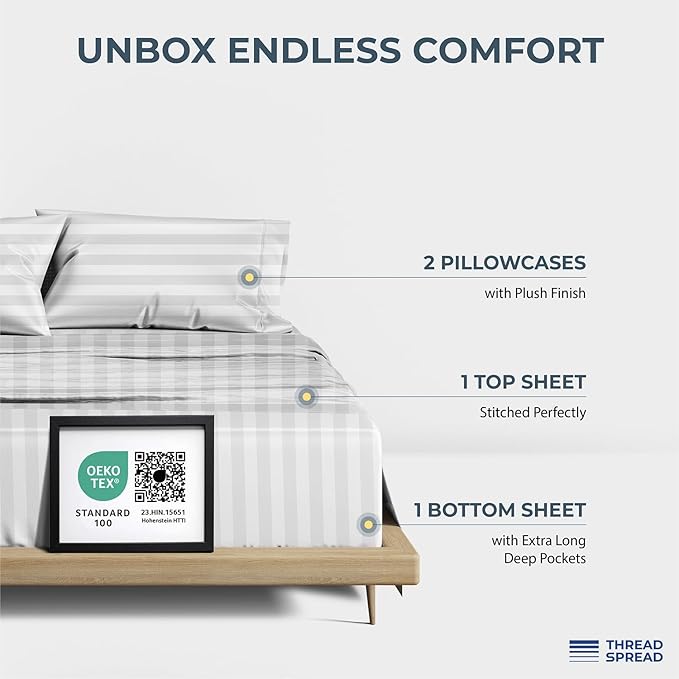 THREAD SPREAD 100% Egyptian Cotton Sheets Queen Size - 1500 Thread Count 4 PC Damask Sheet Set Egyptian Cotton, Sateen Luxury Sheet Queen Size, Soft Sateen Sheets, 17" Deep Pocket - White Stripe