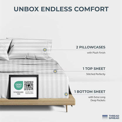 THREAD SPREAD 100% Egyptian Cotton Sheets Queen Size - 1500 Thread Count 4 PC Damask Sheet Set Egyptian Cotton, Sateen Luxury Sheet Queen Size, Soft Sateen Sheets, 17" Deep Pocket - White Stripe
