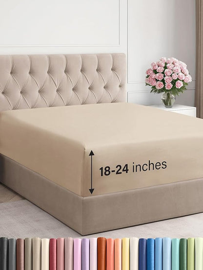 Extra Deep Full Fitted Sheet - Hotel Luxury Single Fitted Sheet Only - Easily Fits 18 inch to 24 inch Mattress - Ultra Soft, Wrinkle Free w/Extra Deep Pockets - Easy-Care, Breathable & Comfy - Cream