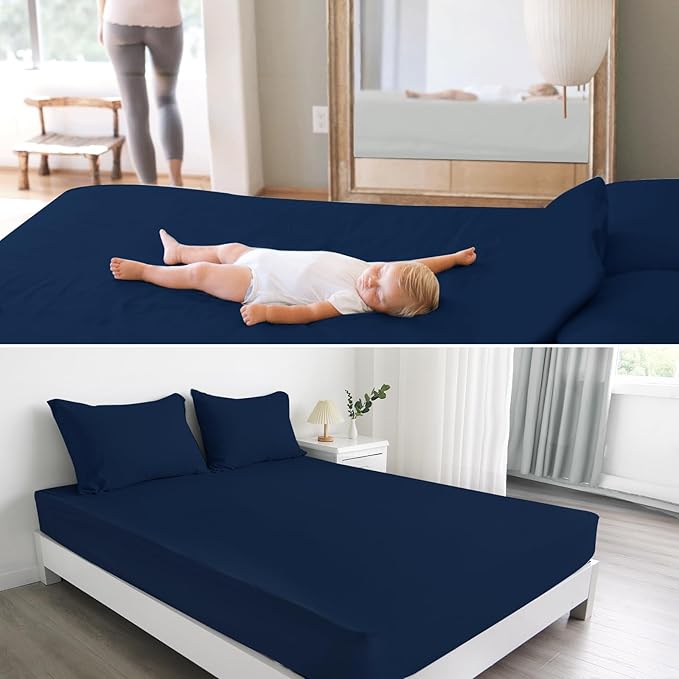 Twin Fitted Sheet Only, Super Soft & Cozy Twin Size Bed Sheets for Boys Kids with Deep Pocket to 14 Inch, Cooling Jersey Mattress Bottom Sheets,Shrinkage & Stain Resistant, Wrinkle Free, Navy Blue