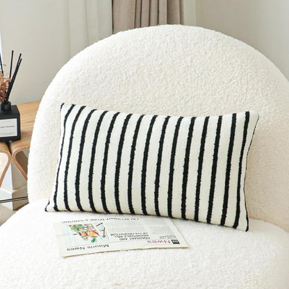 Jonhier White Striped Lumbar Boho Throw Pillow Cover, Modern Boucle Textured Rectangle Pillowcase for Sofa Couch Bed, Neutral Farmhouse Accent Decorative Cushion Cover for Living Room, 12 x 20 inch