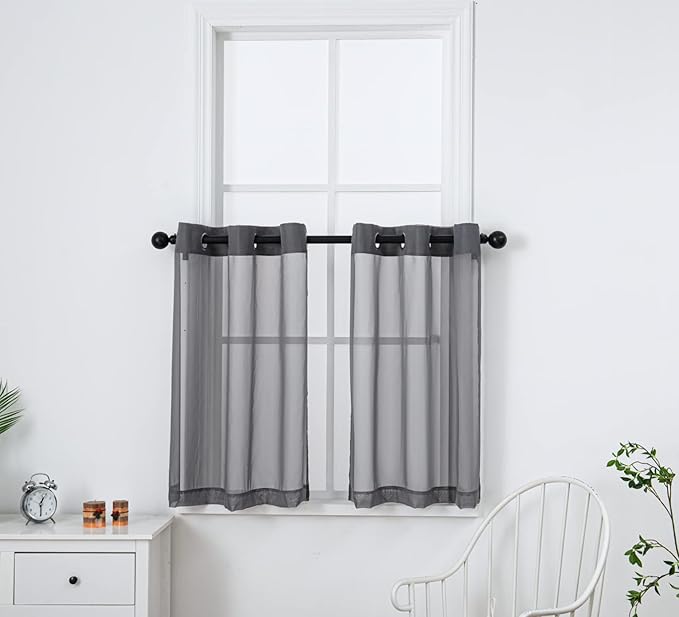 PI Grey Sheer Tier Curtains 36 Inches Length with Ring Top,Small Polyester Café Curtains for Kitchen/Bathroom/Farmhouse/Basement 2 Panels(Dark Grey,W42XL36)