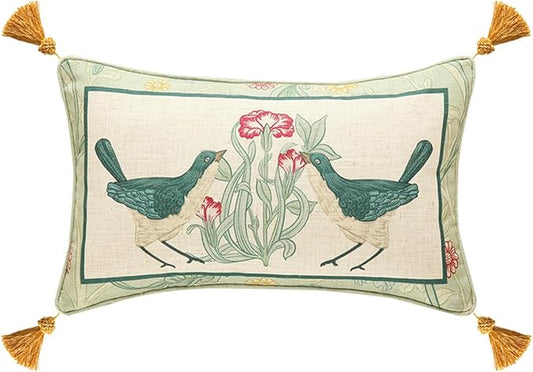 patdrea Designer Rectangle Throw Pillow Covers,Farmhouse Linen with Green Floral Pattern Pillows Cover,Decorative Lumbar Pillowcases Cushion for Bed Living Room Outdoor Car,12"x20"