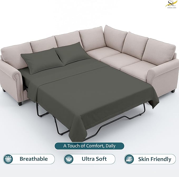 Luxury Queen Sleeper Sofa Bed Sheet Set,100% Egyptian Cotton, 338 Thread Count, Queen Size (60 x74 +6 Inch Deep Pocket) Soft and Light Weight 4pcs Sofa Set (Dark Grey Solid)