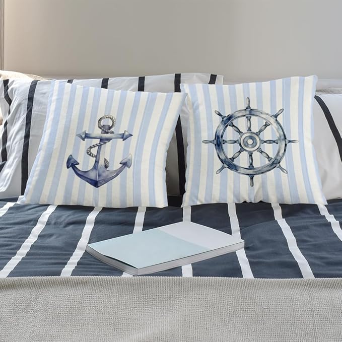Nautical Rudder Anchor Pillow Covers 18x18 Set of 2, Preppy Blue and White Striped Coastal Nautical Throw Pillow Covers for Boys Bedroom Beach House Home, Preppy Beach Room Decor