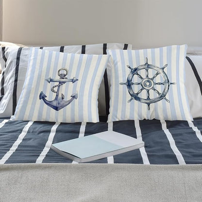 Nautical Rudder Anchor Pillow Covers 18x18 Set of 2, Preppy Blue and White Striped Coastal Nautical Throw Pillow Covers for Boys Bedroom Beach House Home, Preppy Beach Room Decor