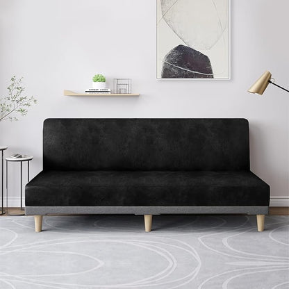 molasofa Leather Like Stretch Futon Slipcover Armless Futon Bed Sofa Cover Furniture Protector with Elastic Bottom, Soft and Washable Futon Cover for Sofa Bed Stay in Place（Larger，Black）