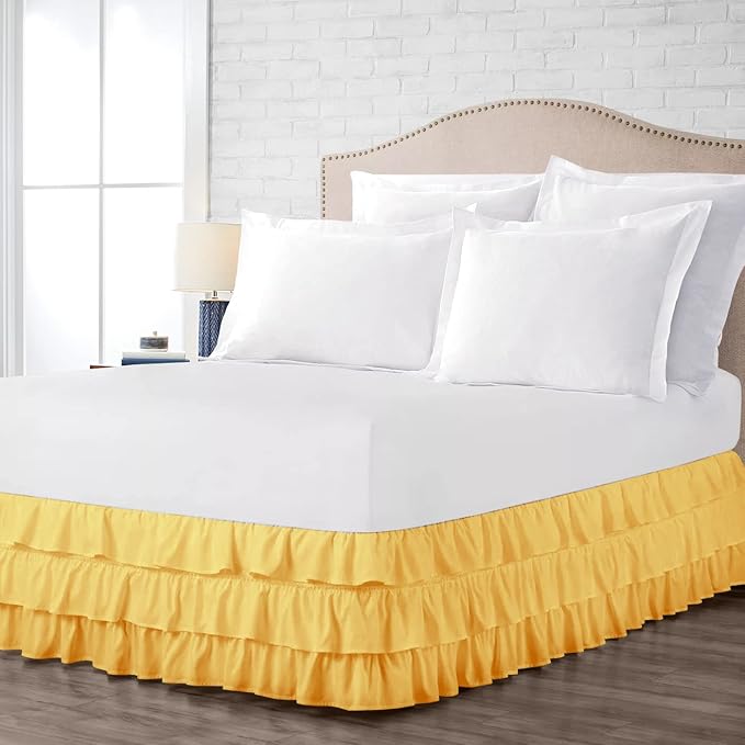 Multi-Ruffle Bed Skirt, Soft Multi Elastic Dust Ruffles with Wrap Around Bed Skirt Easy Fit with 18 Inch Drop 100% Cotton 800 Thread Count (Queen XL, Gold)